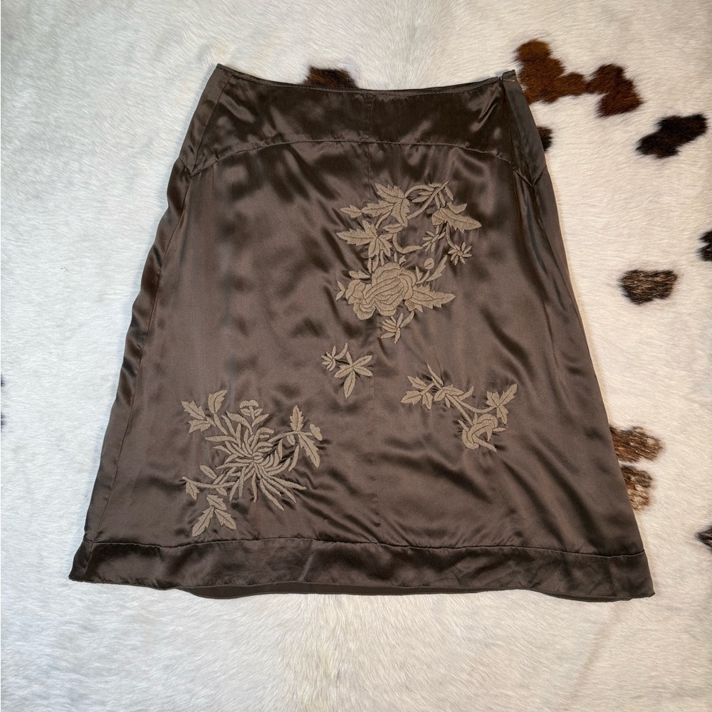 Vintage 100% Silk Brown Embroidered Skirt Tristan & Iseut Midi Y2K Size 14